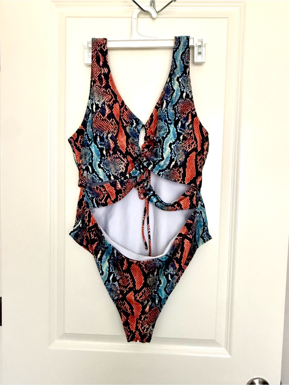 Cutout One-Piece Swimsuit in Orange & Blue Snake Print